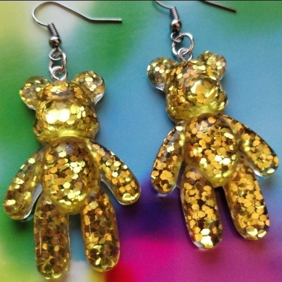 HANDMADE Gold Glitter Teddy Bear Earrings - Picture 2 of 5